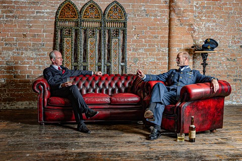 Mike (left) portraying DCS Christopher Foyle (Foyle's War) and Paul portraying a RCAF pilot, enjoying a fine single malt in the Officers' Mess.